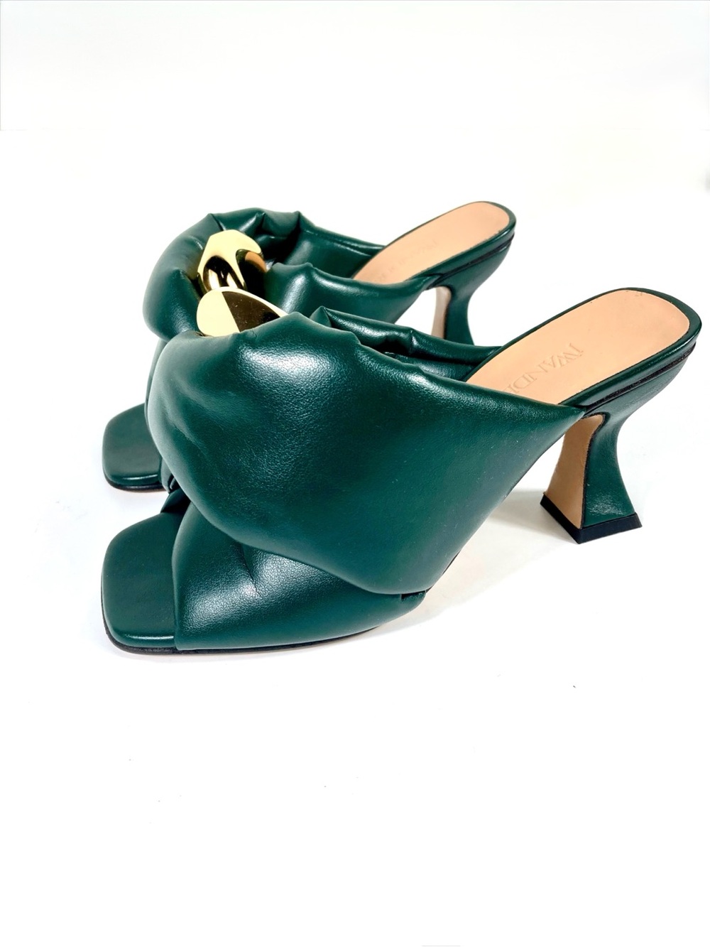 JW Anderson Chain Twist Leather Mules Sandals Green 36.5 Heels Designer